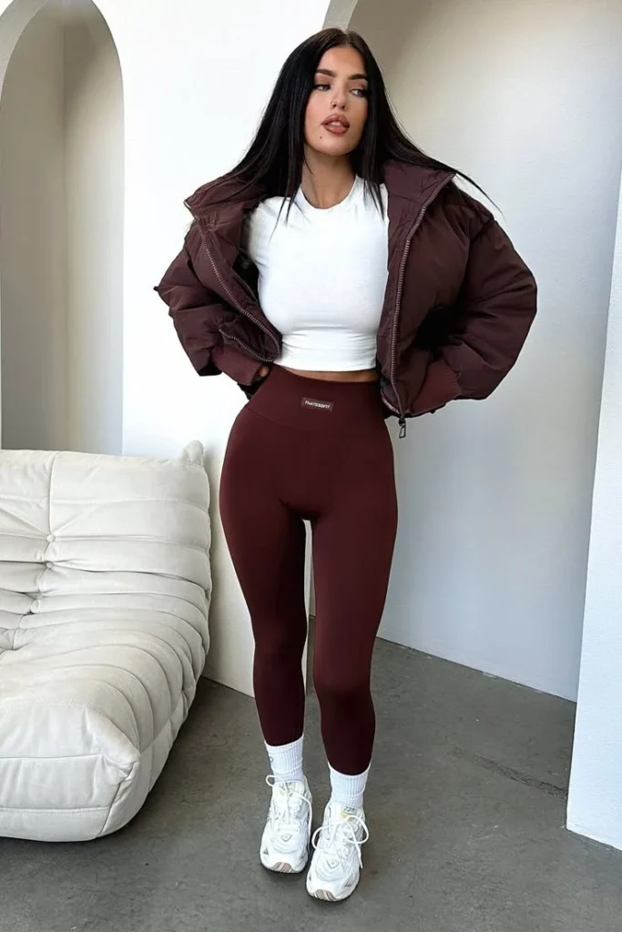 Burgundy Puffer Jacket with Cropped Tee