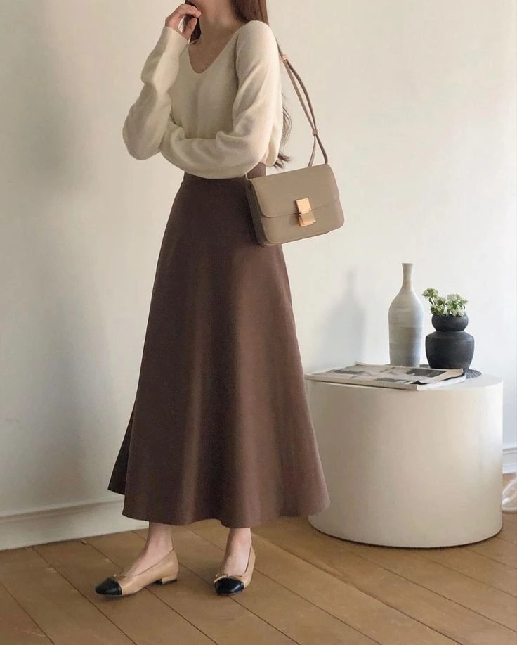 Cream Sweater and Chocolate Midi Skirt