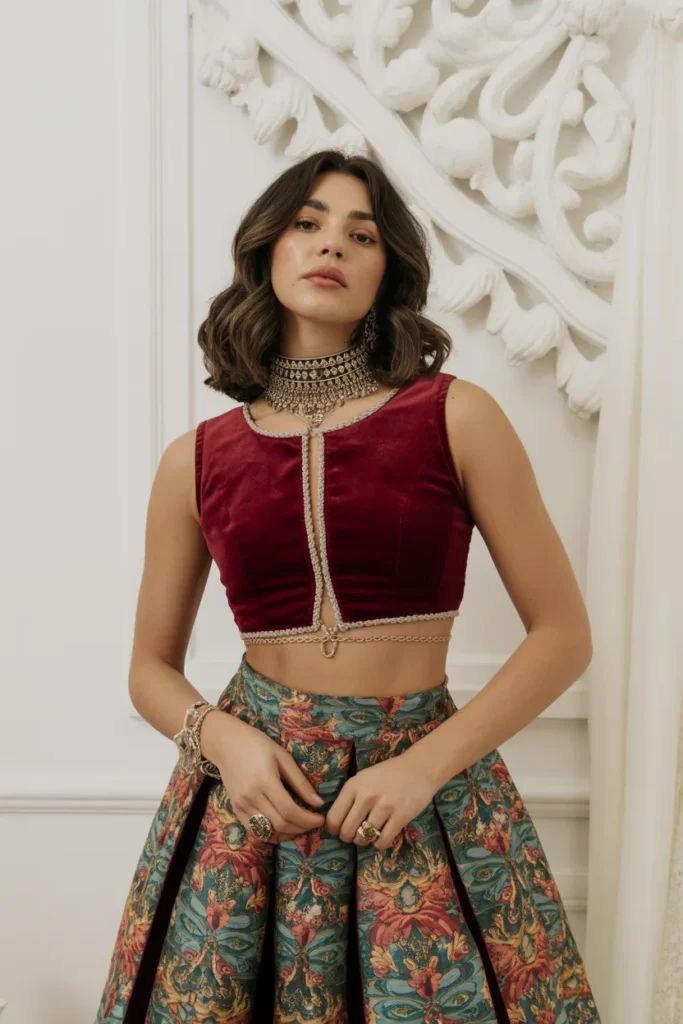 Velvet Crop Top with Ornamental Skirt

