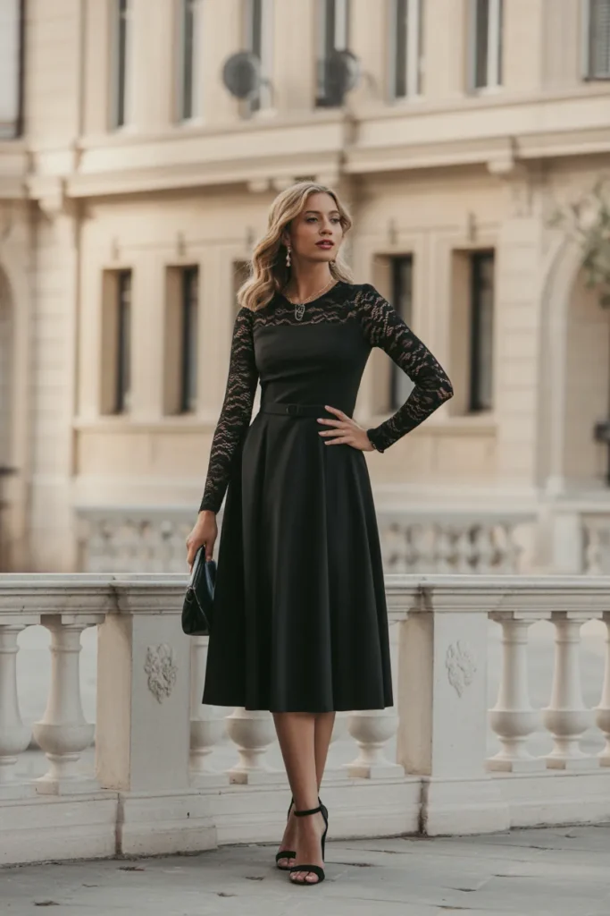 Lace-Sleeved Black Midi Dress Elegance