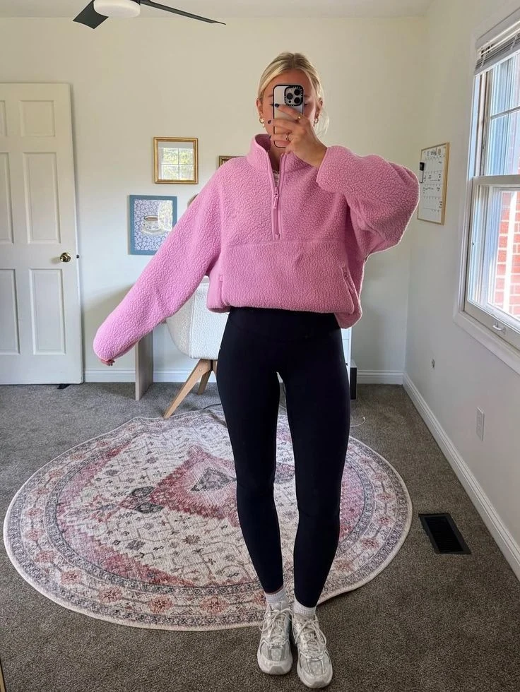 Bold Pink Fleece with Classic Black Leggings
