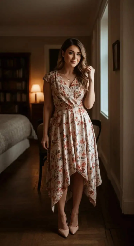 Printed Midi Dress with Asymmetric Hem
