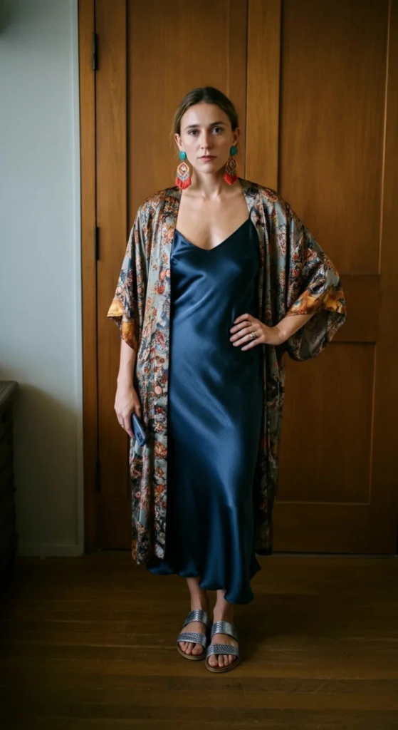 Printed Kimono Over Silk Dress
