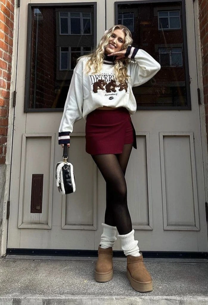 Graphic Sweatshirt with Burgundy Mini Skirt
