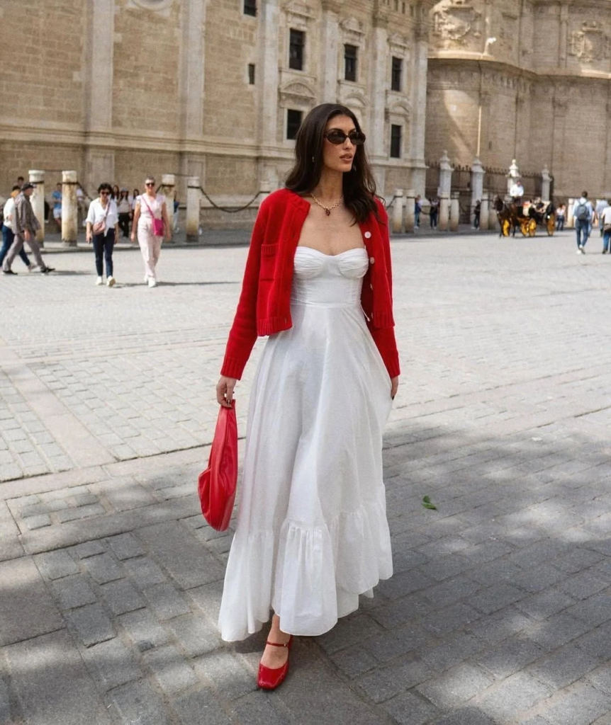 Elegant White Dress With Bold Red Cardigan
