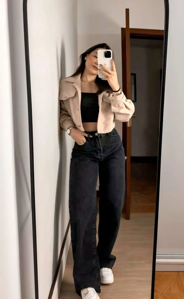 Cropped Blazer and Wide-Leg Black Jeans
