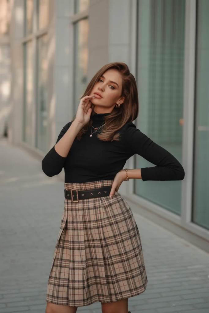 Plaid Skirt with Belted Sophistication