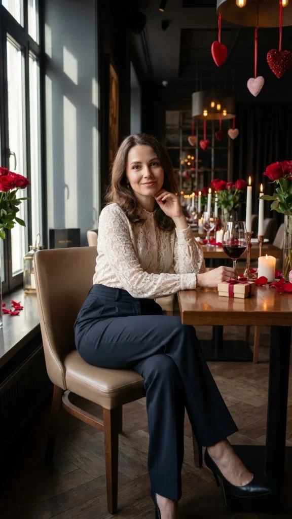 7. Lace Blouse + High-Waisted Pants
