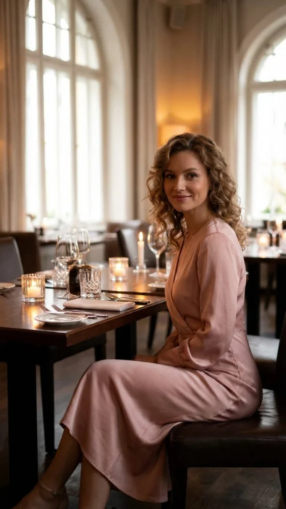 13. Pink Silk Midi Dress + Soft Curls
