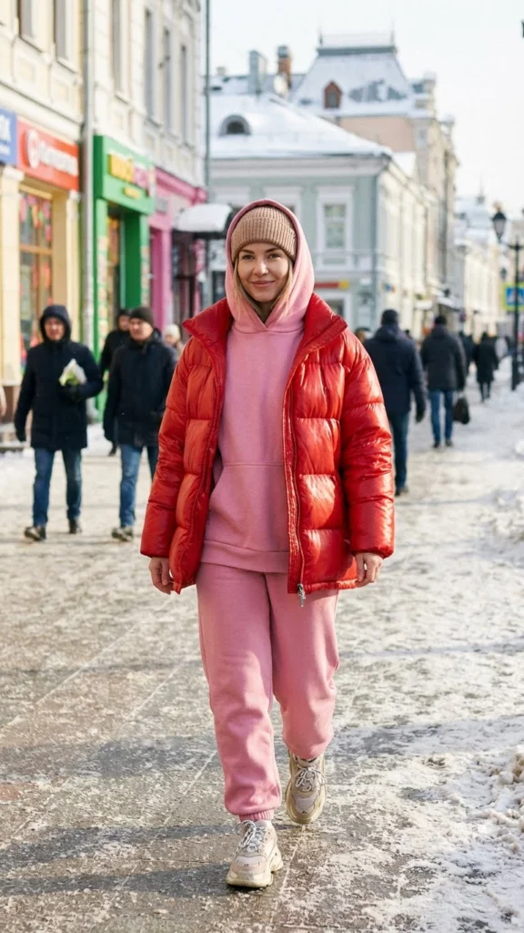 10. Pink Sweatsuit + Red Puffer Jacket
