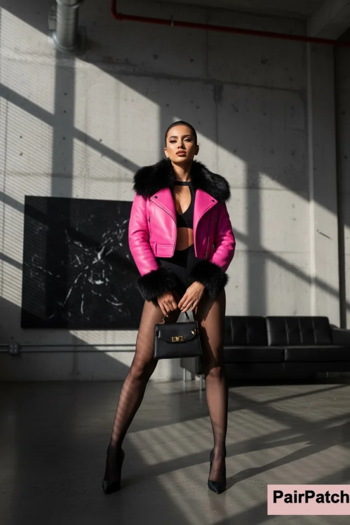 3. Pink Fur Trim & Black Bodysuit 
