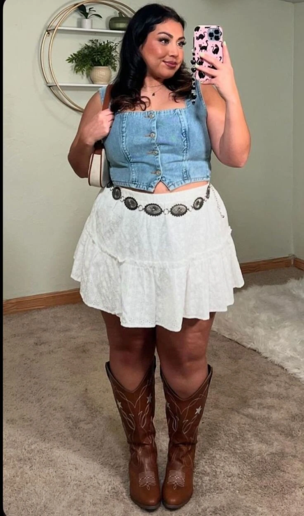 Denim Crop Top With White Tiered Skirt