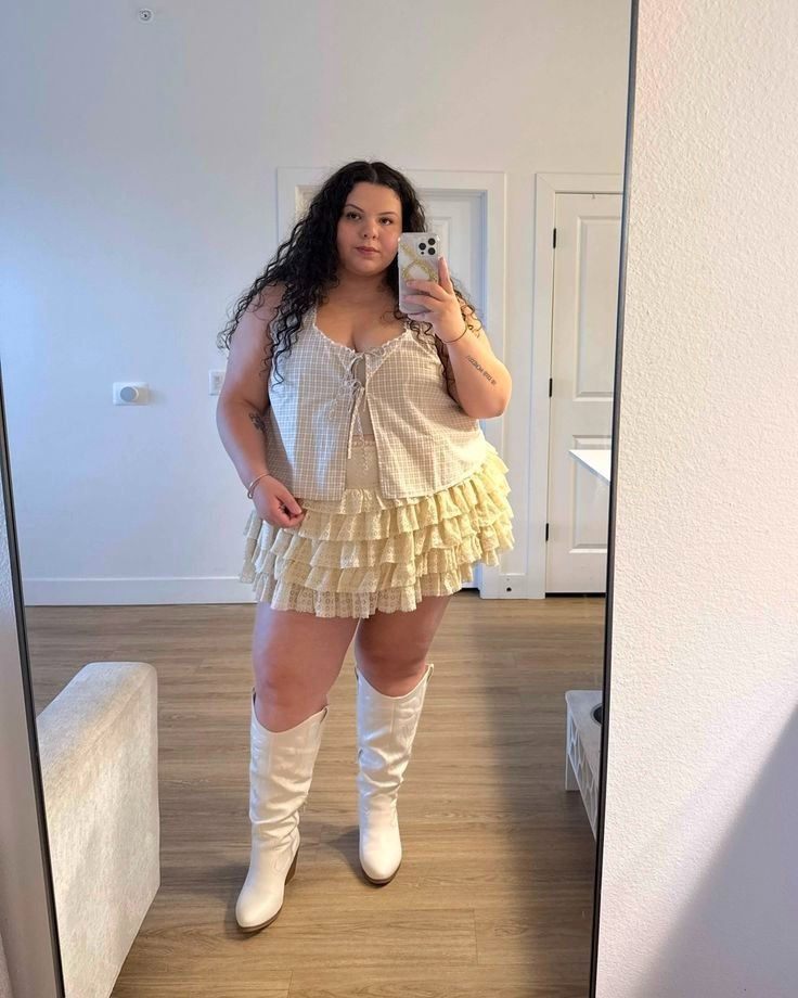 Cream Gingham Top with Ruffled Skirt