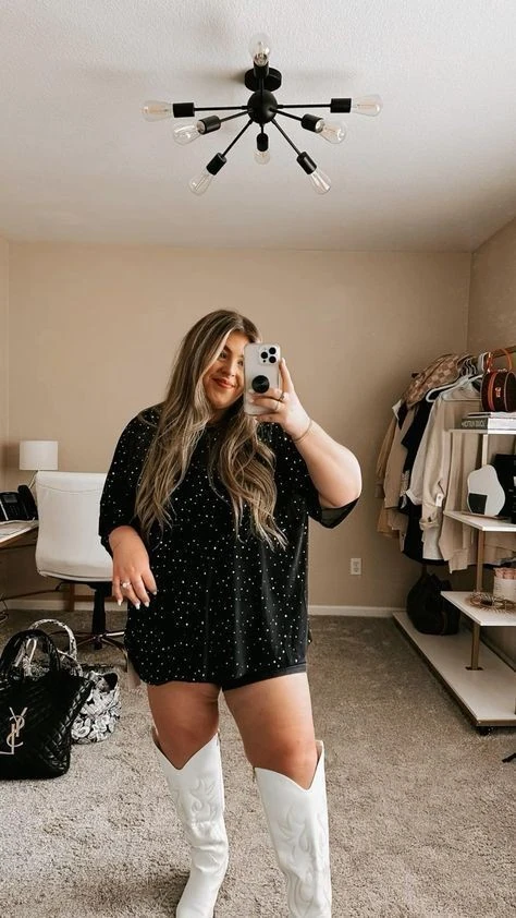 Black Sequin Dress with White Boots