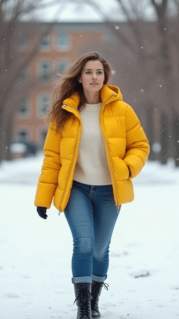 Colorful Puffer Jacket and Jeans