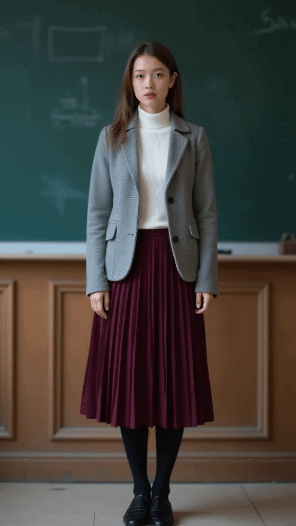Sweater Blazer and Pleated Skirt