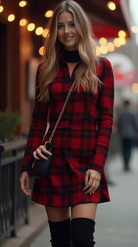 Plaid Minidress and Thigh-High Boots
