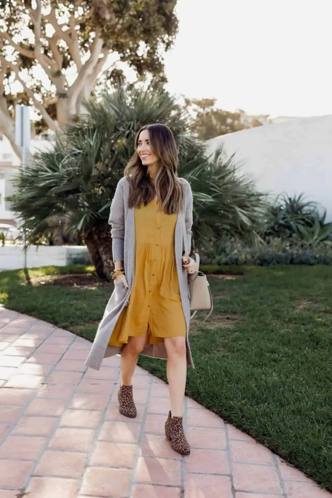 Mustard Dress with Long Cardigan
