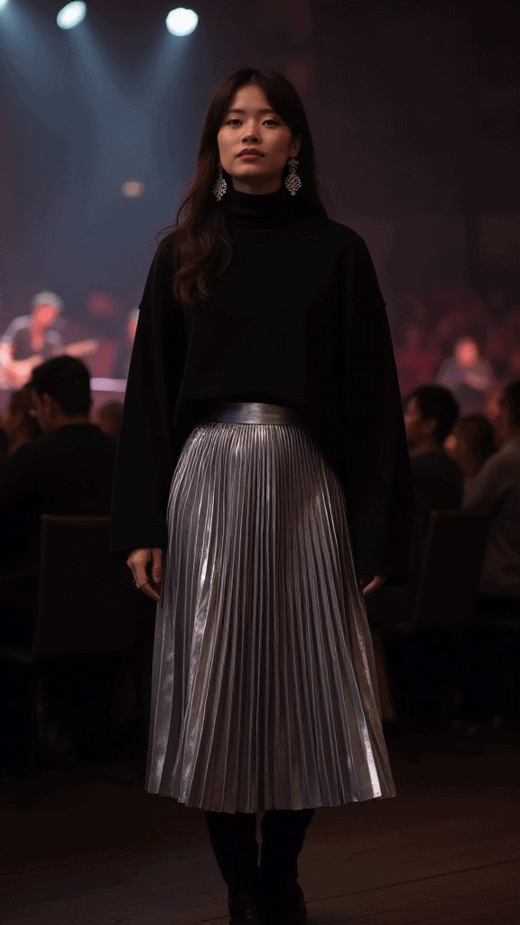 Metallic Midi Skirt and Turtleneck
