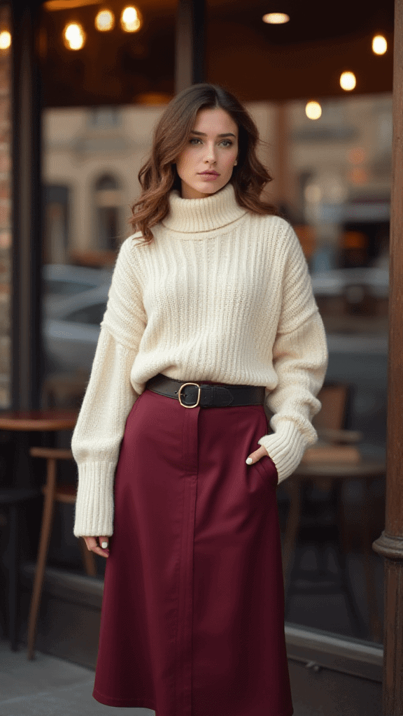 Turtleneck Sweater and Midi Skirt