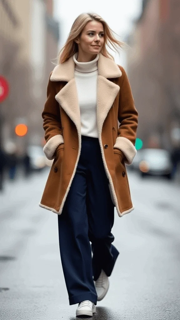 Shearling Jacket and Wide-Leg Pants
