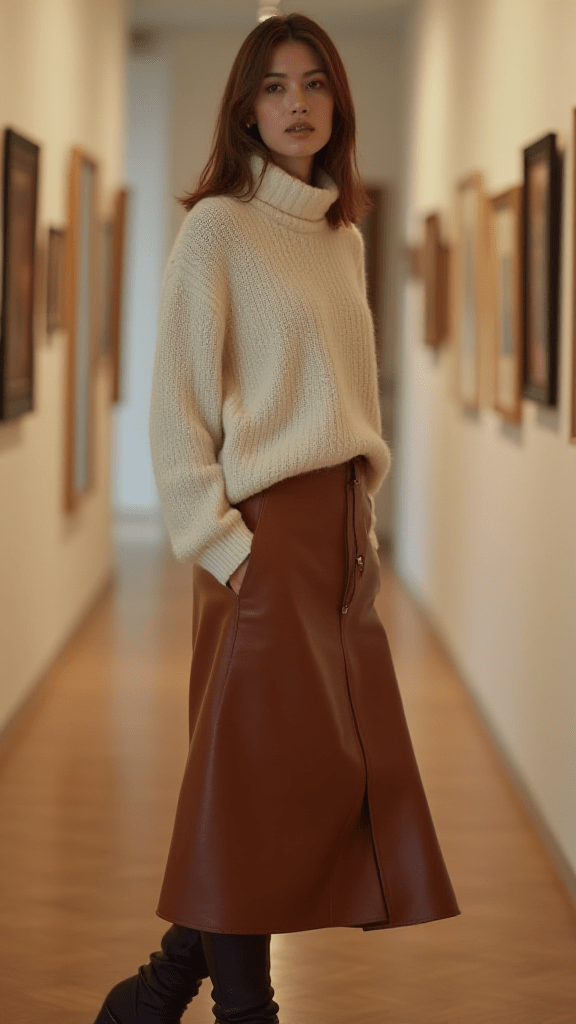 Turtleneck Sweater and Leather Midi Skirt
