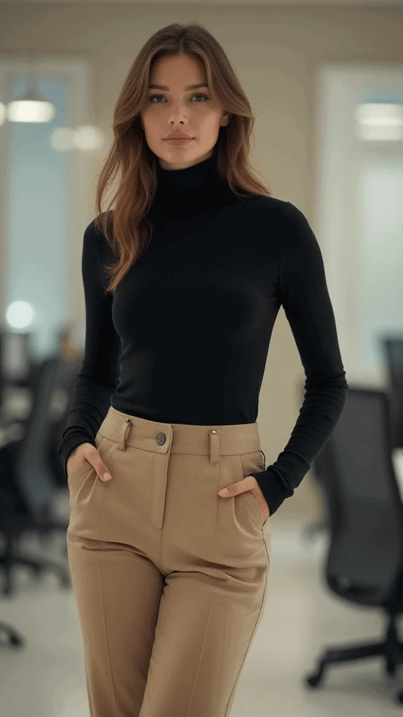 Turtleneck Bodysuit and High-Waisted Trousers
