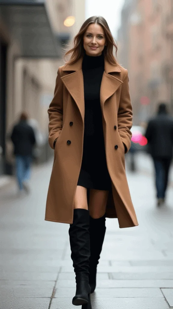 Wrap Coat and Knee-High Boots

