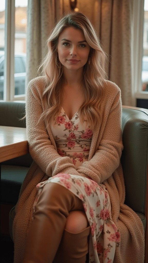 Wrap Dress and Knee-High Boots
