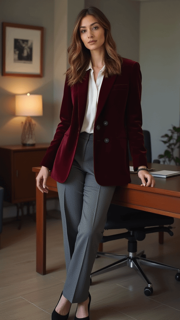 Velvet Blazer and Tailored Trousers
