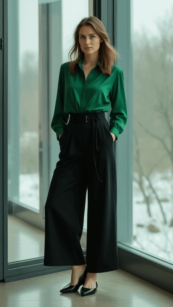 Silk Blouse and High-Waisted Trousers
