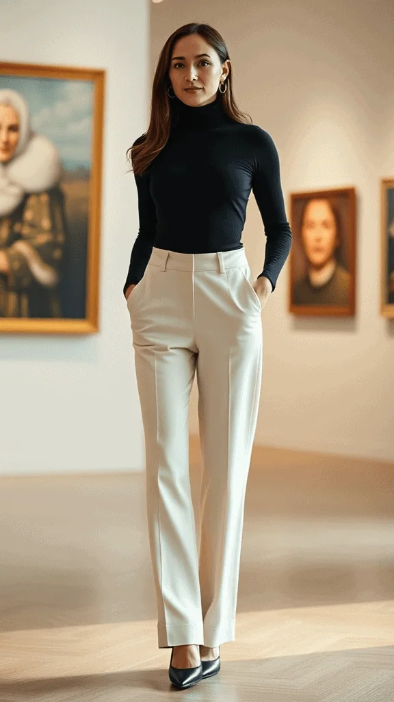 13. Turtleneck Bodysuit and Wide-Leg Pants

