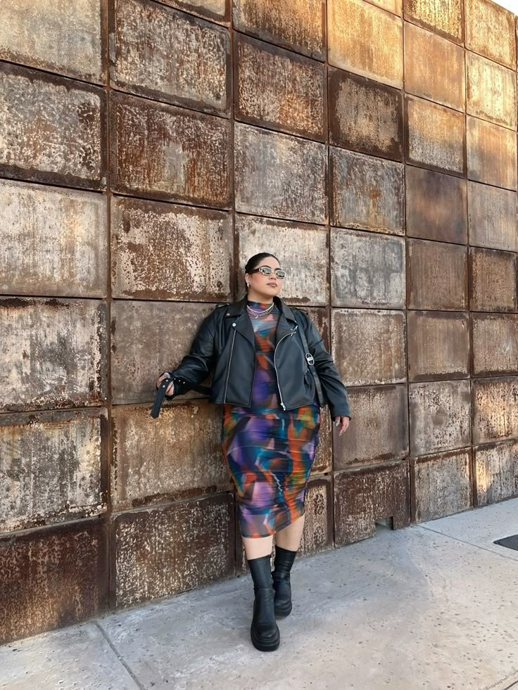 Colorful Skirt with Edgy Leather Jacket
