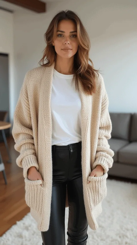 Chunky Cardigan and Leather Pants