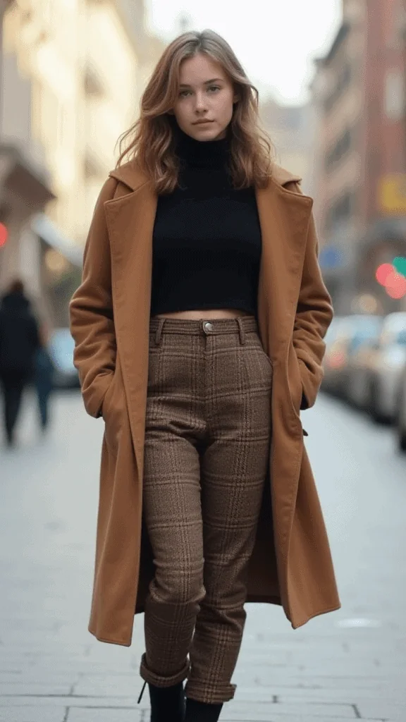 Cropped Turtleneck and High-Waisted Trousers

