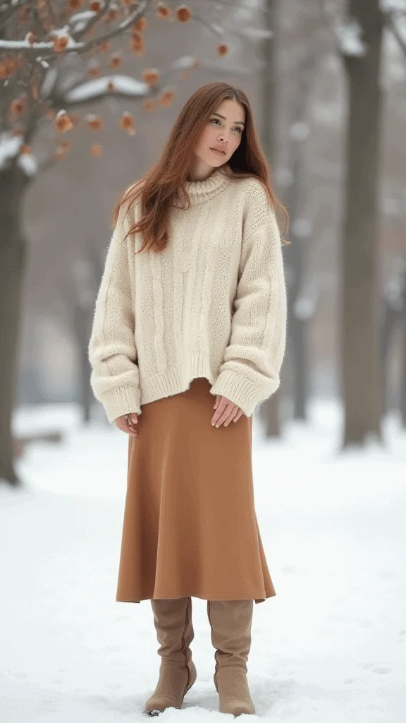 Midi Skirt and Chunky Sweater
