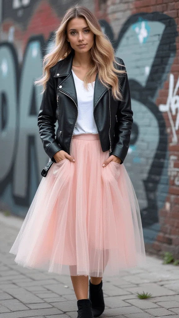 Tulle Skirt with Leather Jacket
