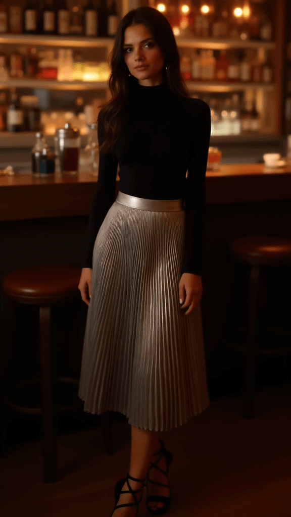 Pleated Metallic Skirt with Turtleneck Bodysuit
