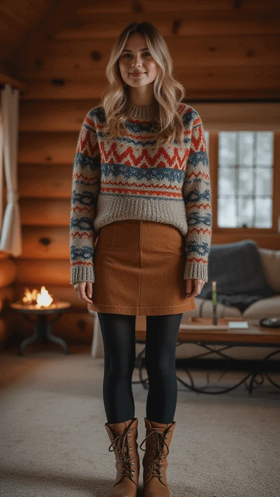 Corduroy Skirt with Fair Isle Sweater
