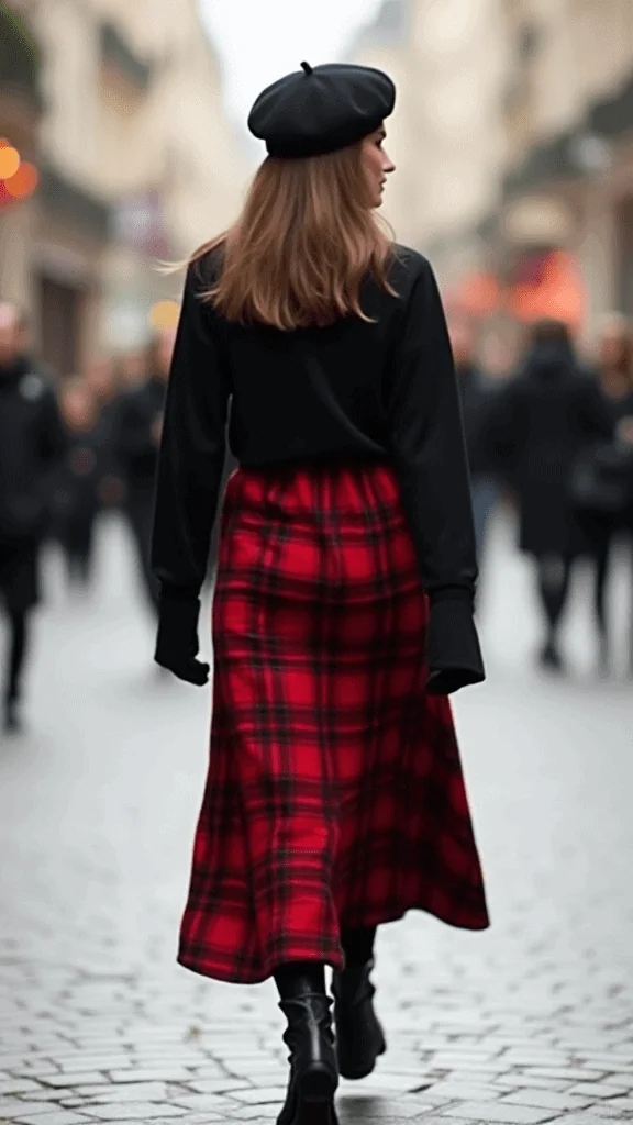 Plaid Maxi Skirt with Turtleneck and Beret
