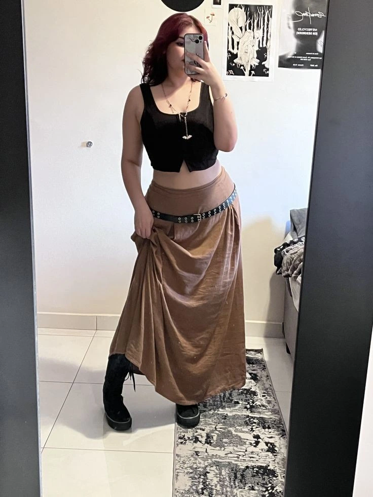 Black Crop Top with Tan Maxi Skirt
