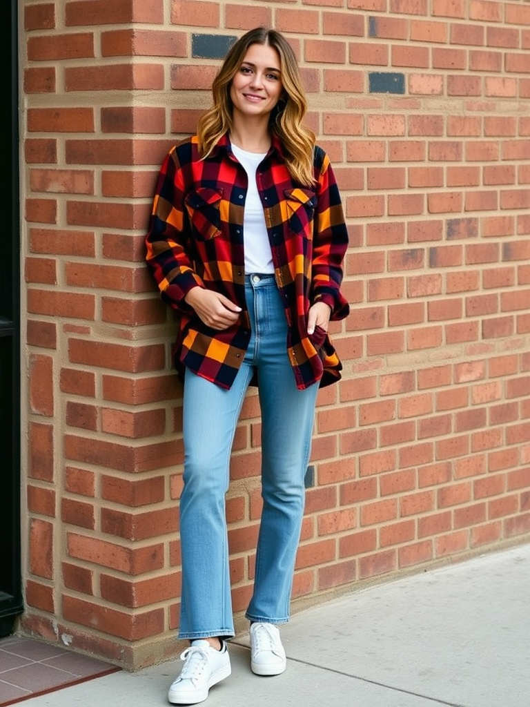 2. Oversized Plaid Shirt and Mom Jeans
