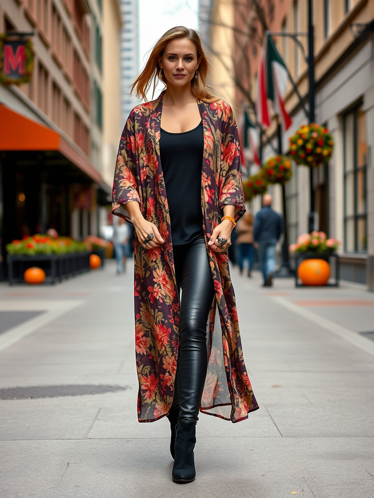 4. Floral Kimono and Leather Leggings

