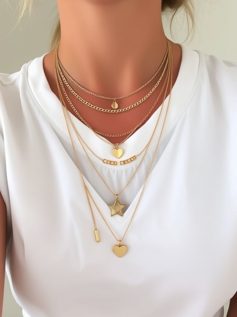 7. Layered Necklaces and V-Neck Tee
