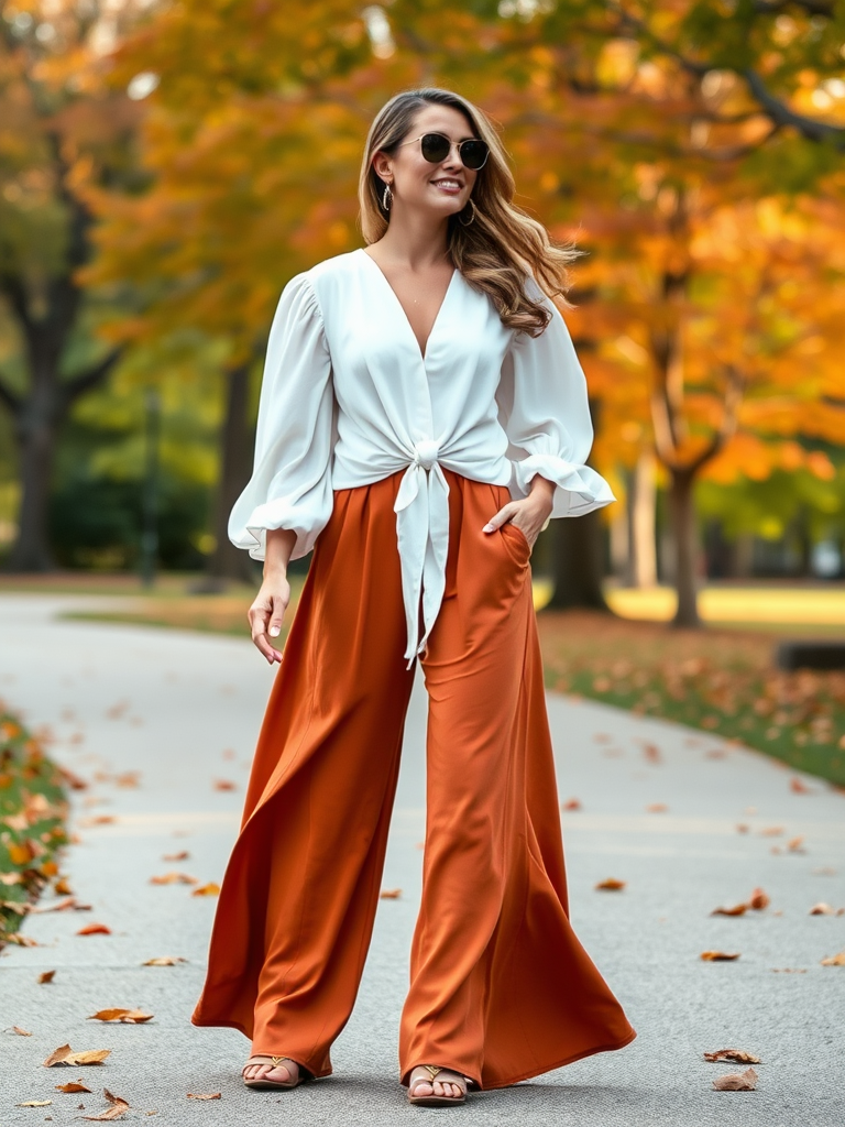 14. Tie-Front Blouse and Palazzo Pants

