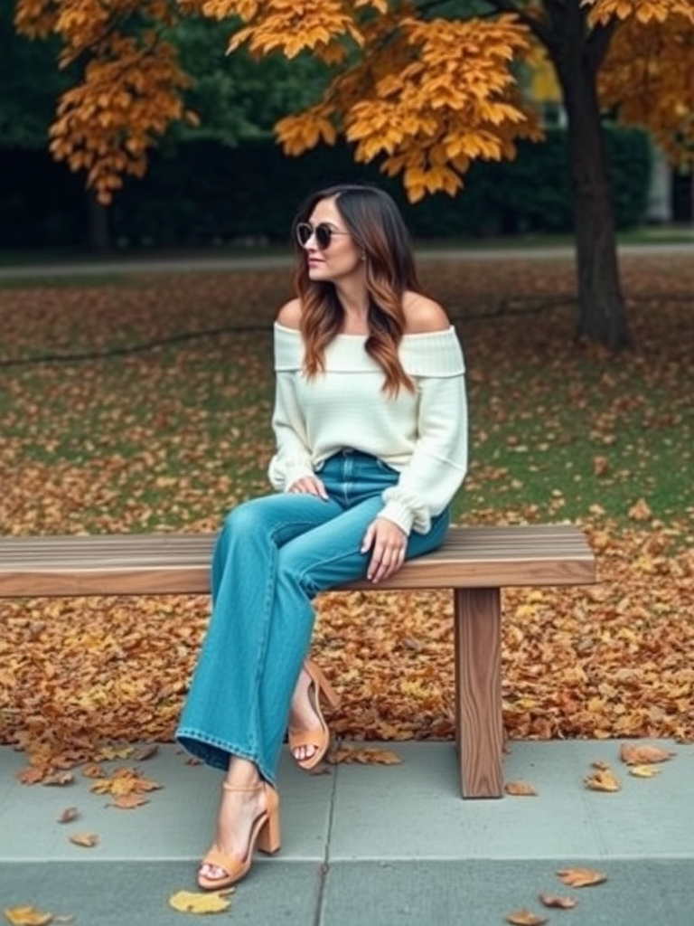 16. Off-Shoulder Sweater and Flared Jeans
