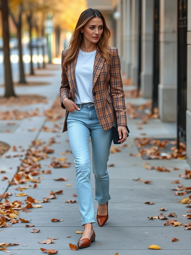 Plaid Blazer and Straight-Leg Jeans

