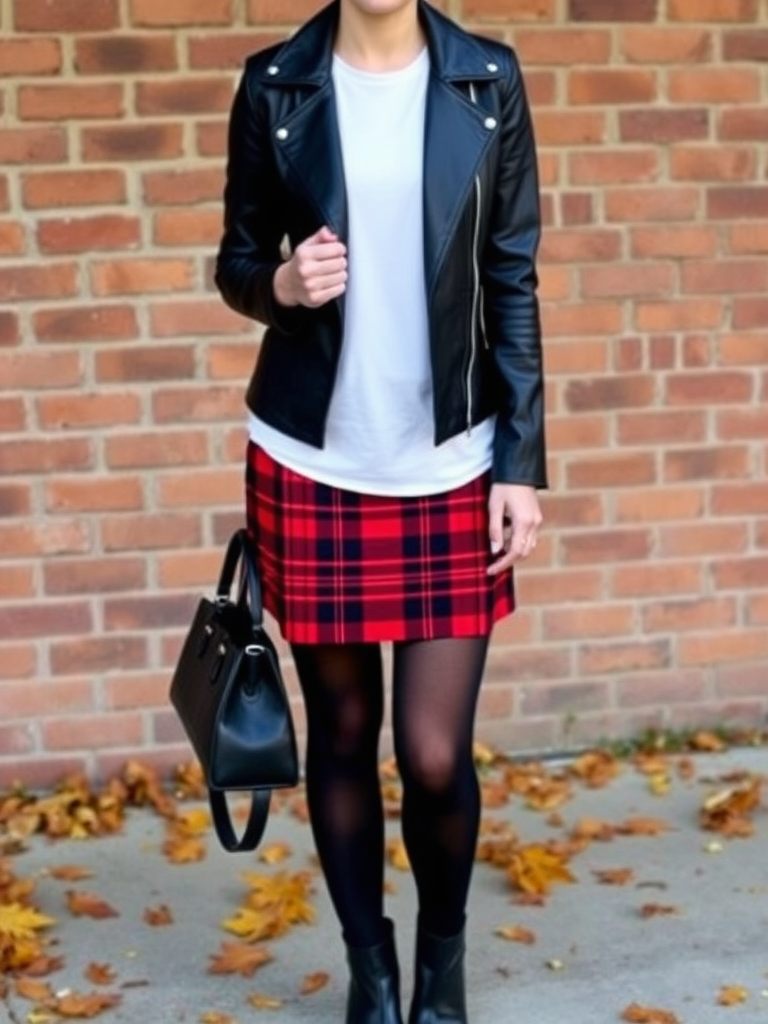 Leather Jacket and Plaid Skirt Combo
