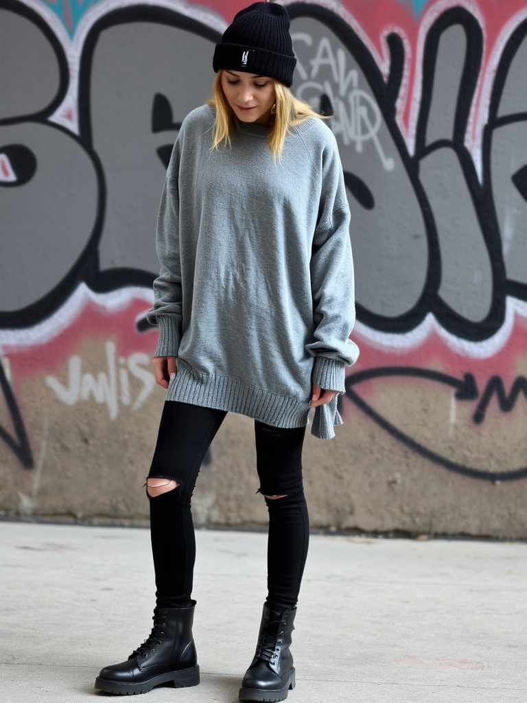Oversized Grunge Sweater and Ripped Jeans
