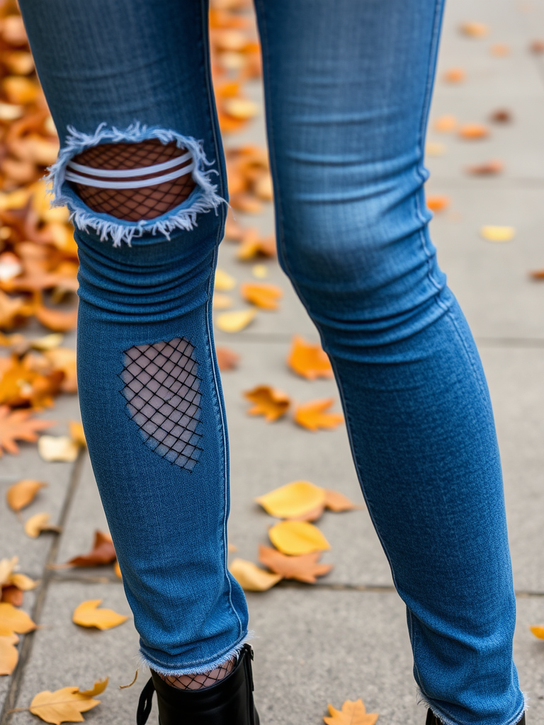 Fishnet Tights Under Ripped Jeans
